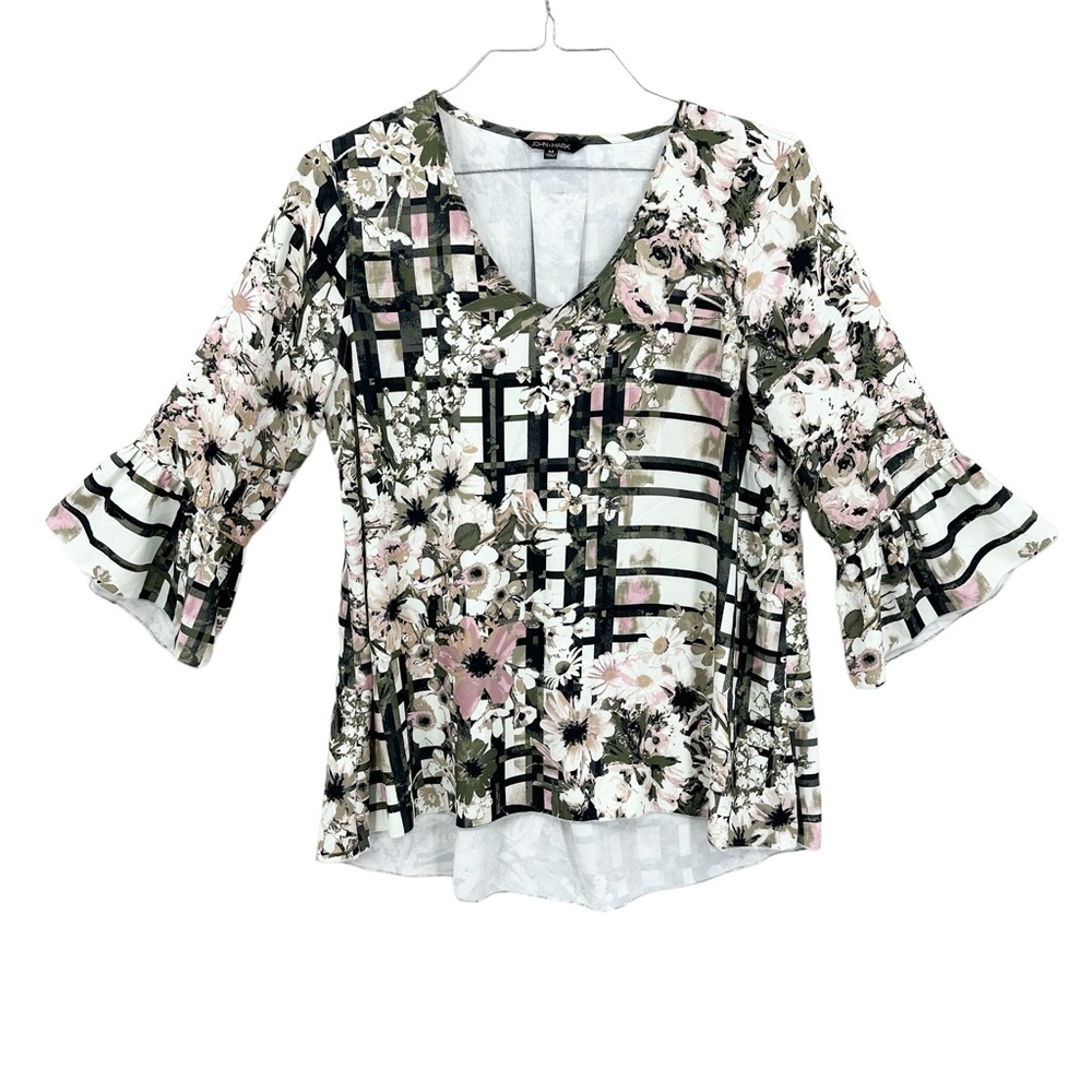 JOHN MARK Floral Top Blue Shirt Bell Sleeve